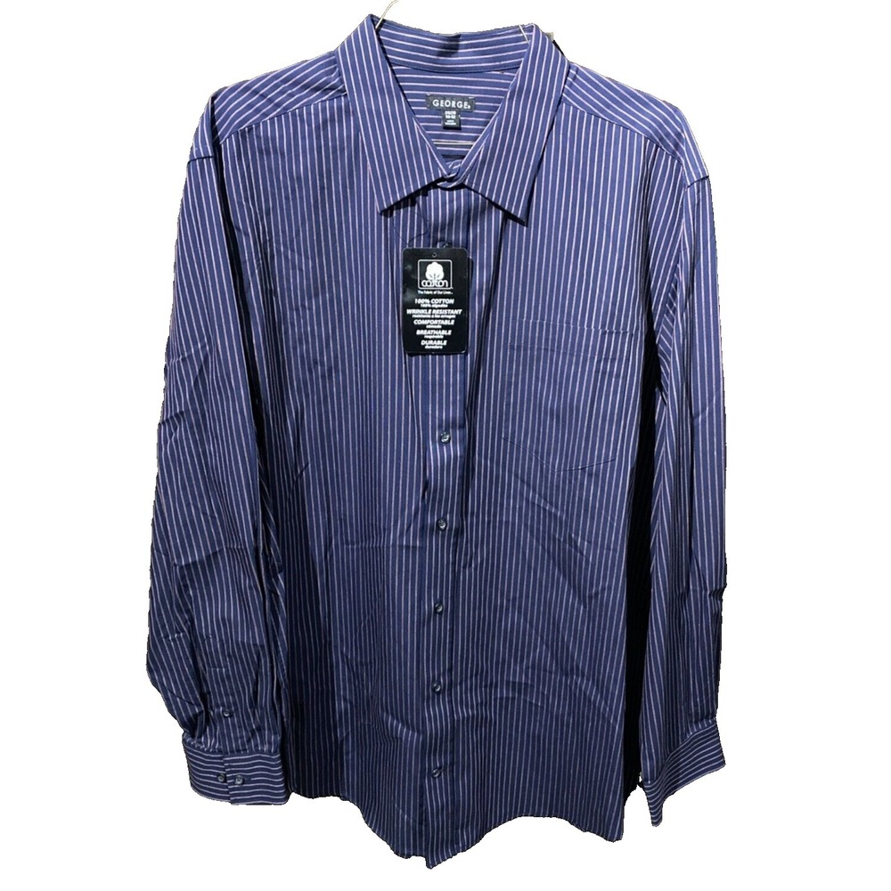 George Long Sleeve Button Down Navy Blue With Red Stripe 2XL 50-52 Men NWT